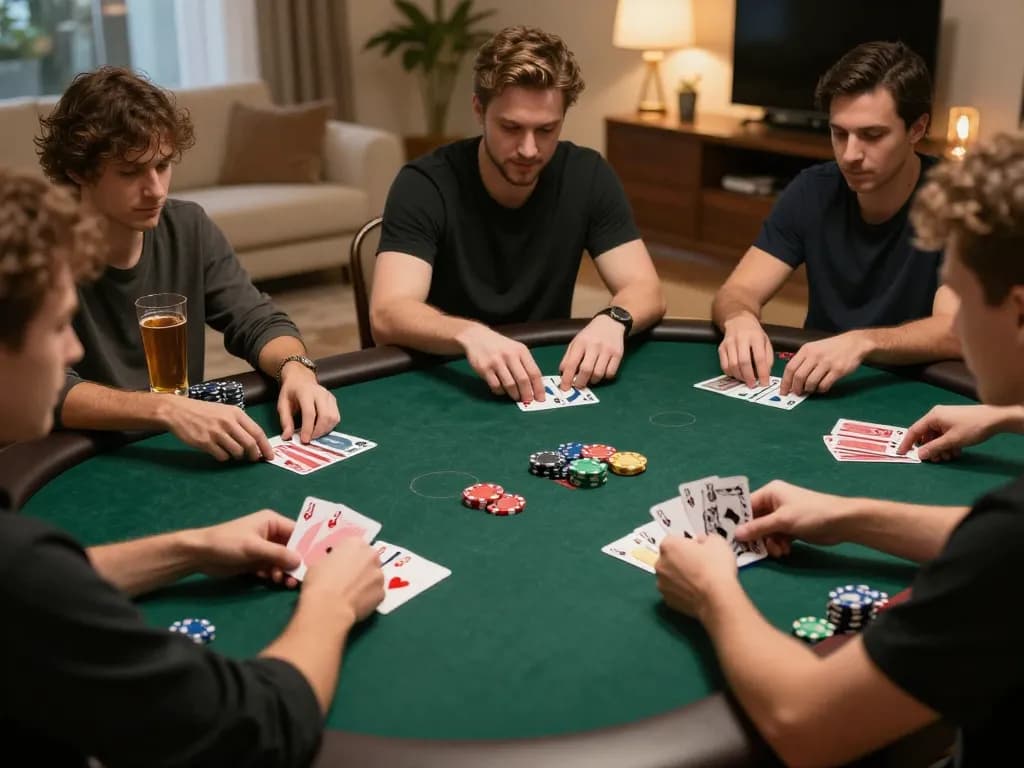 Engaging poker game scenario at home with players strategizing their moves on 888vi platform.