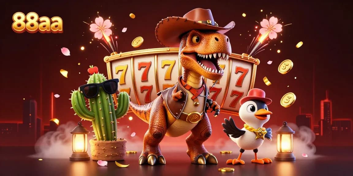 Experience thrilling gaming action with 88aa, featuring T-Rex and friends amidst vibrant slot elements.