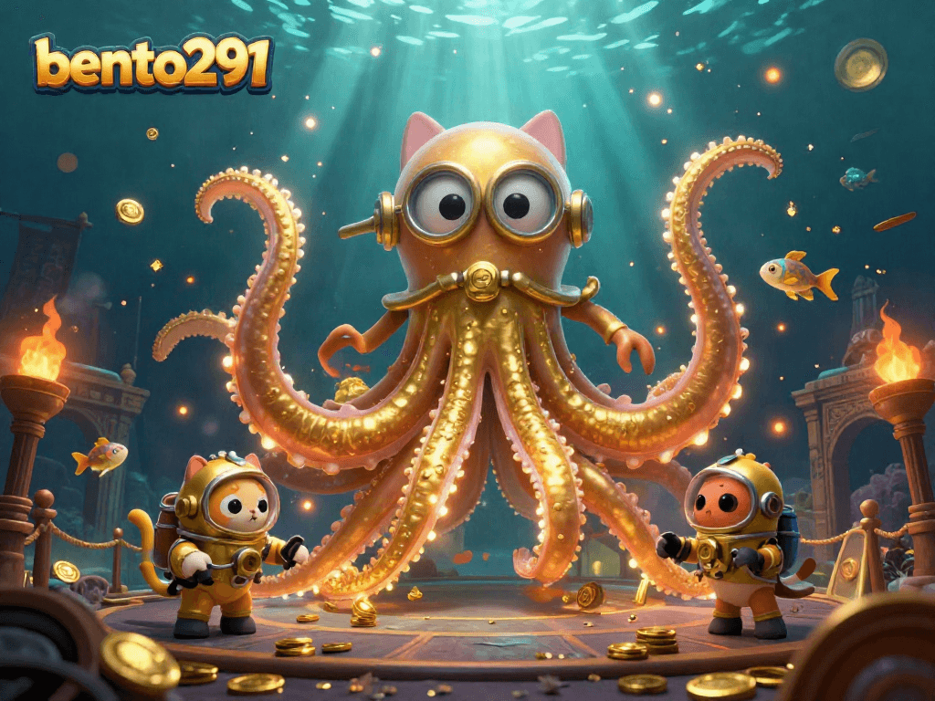 Bento291 ignites the undersea adventure with a kraken and a diving cat in a vibrant casino scene.