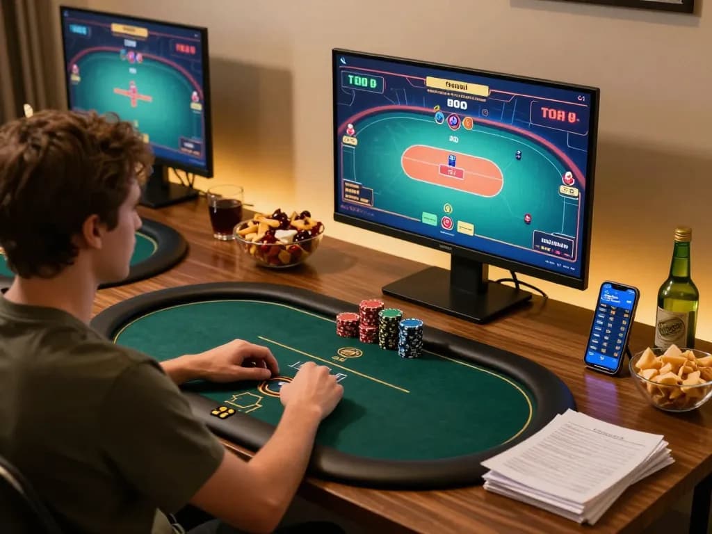 Player strategizing on online poker with 98win app and notes in cozy desktop setting.