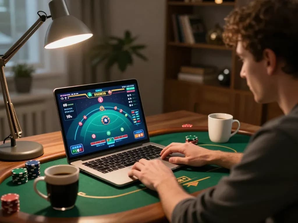 B52CLUB player engaging in online poker strategy at home, bright graphics on screen enhance the gaming experience.