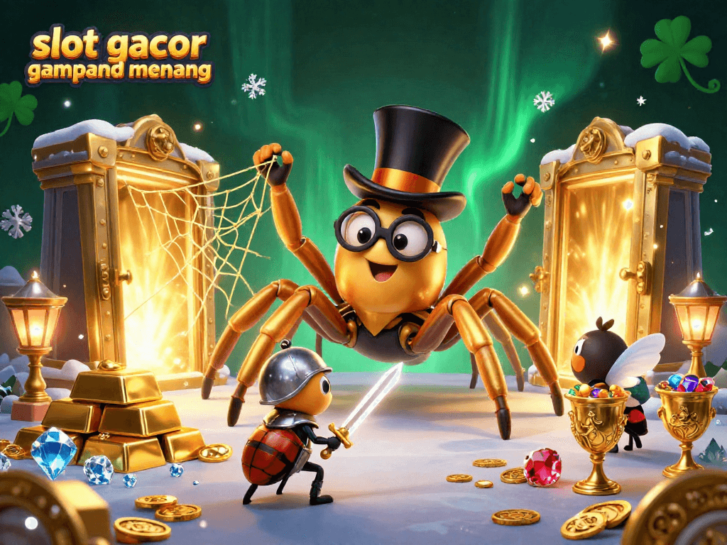 Engage in thrilling gameplay with slot gacor gampang menang while encountering a golden tarantula and a brave beetle knight.