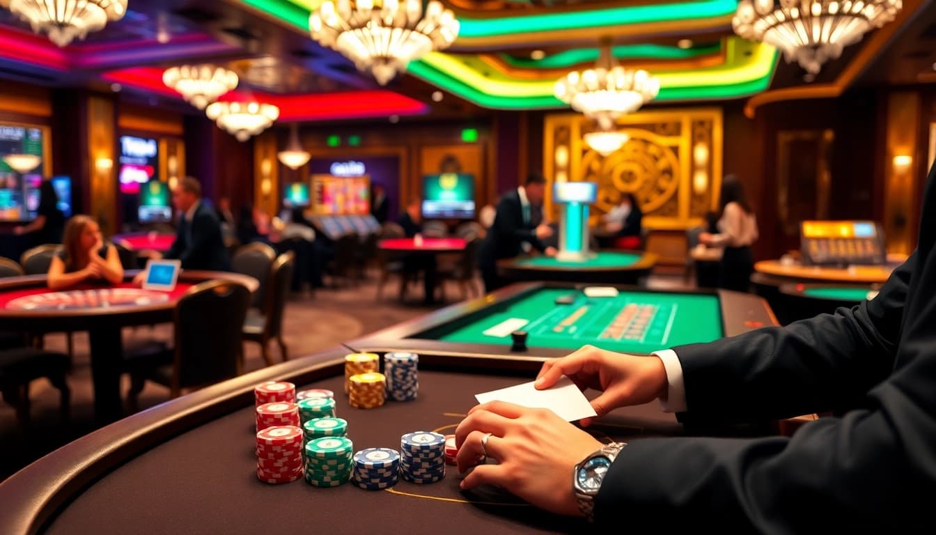 Engaging scene highlighting Loto188's vibrant gambling environment with poker, roulette, and betting activities.