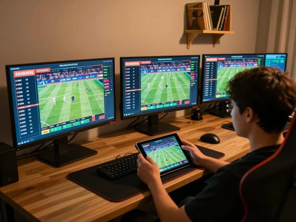 Player engaging in online sports betting on cm88 with tablet, multiple screens showing live odds.