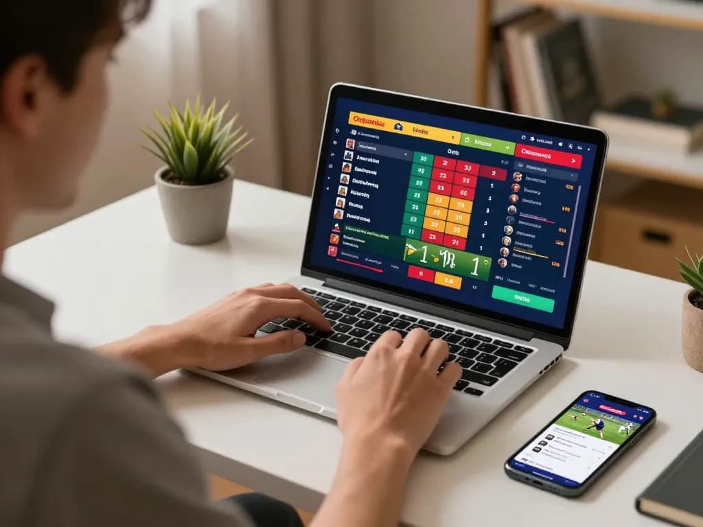 Terlibat dalam taruhan bandar togel dengan peluang langsung ditampilkan di laptop, suasana kantor rumah yang nyaman