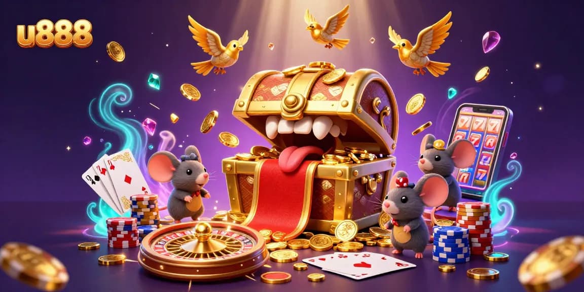 Engage with u888's thrilling gaming experience while winning treasures in a cartoonish casino scene.