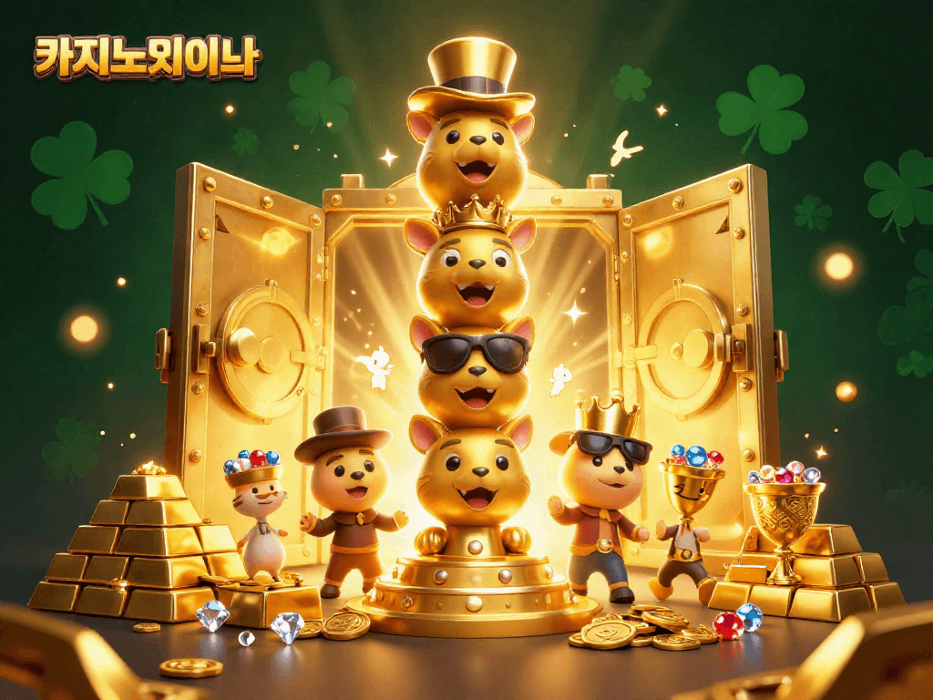 카지노사이트에서 화려한 보물과 즐거운 동물 캐릭터들이 함께하는 환상적인 장면입니다.