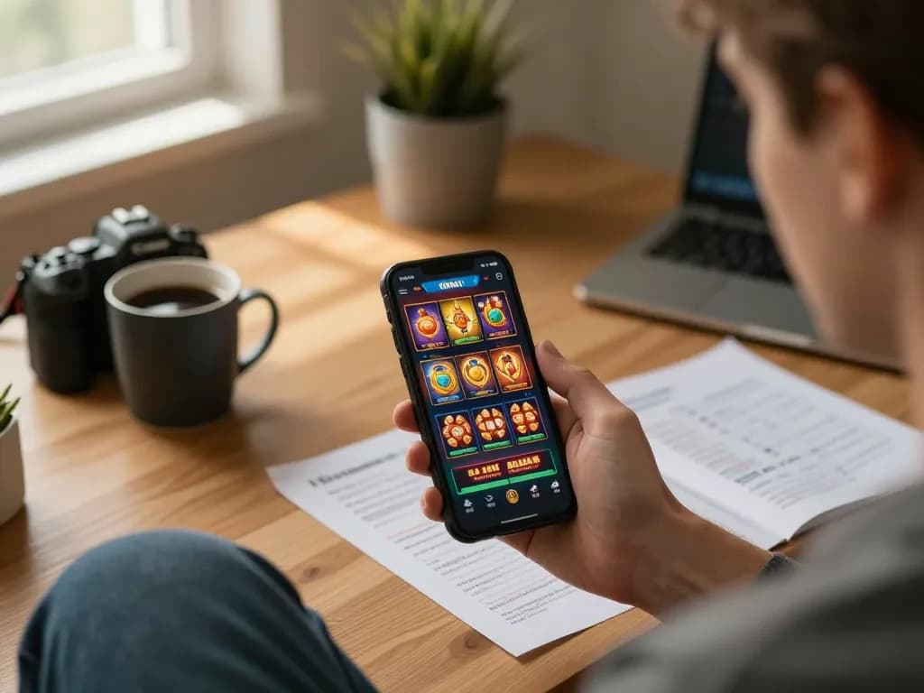 Player exploring to188 strategies on a smartphone in cozy home office, featuring online game interface and notes.