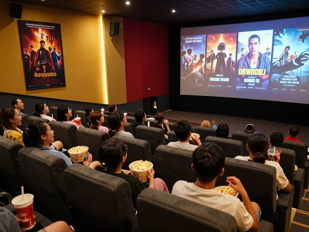 ผู้ชมที่มีส่วนร่วมกำลังชมหนังใหม่ชนโรงในโรงภาพยนตร์ที่มีชีวิตชีวา
