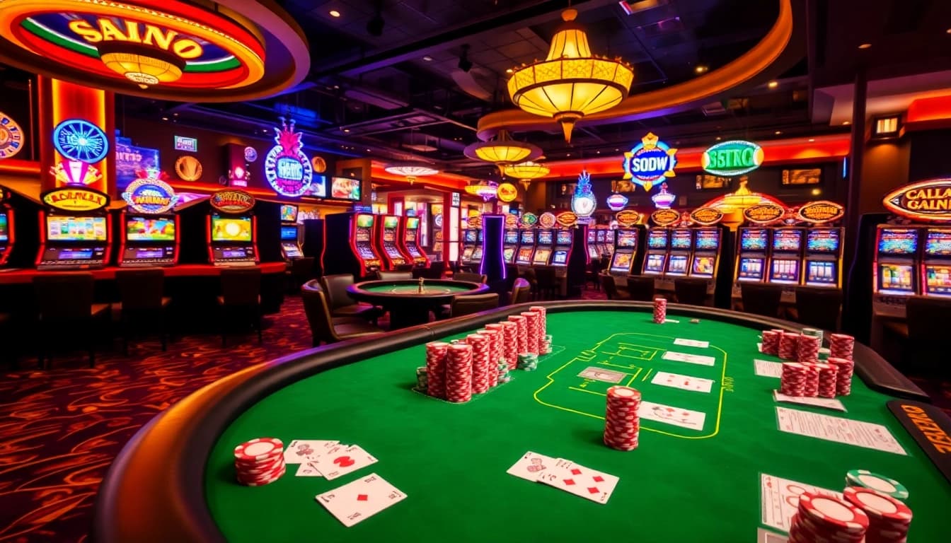 Engage with thrilling SODO casino action at vibrant tables filled with poker chips and cards.