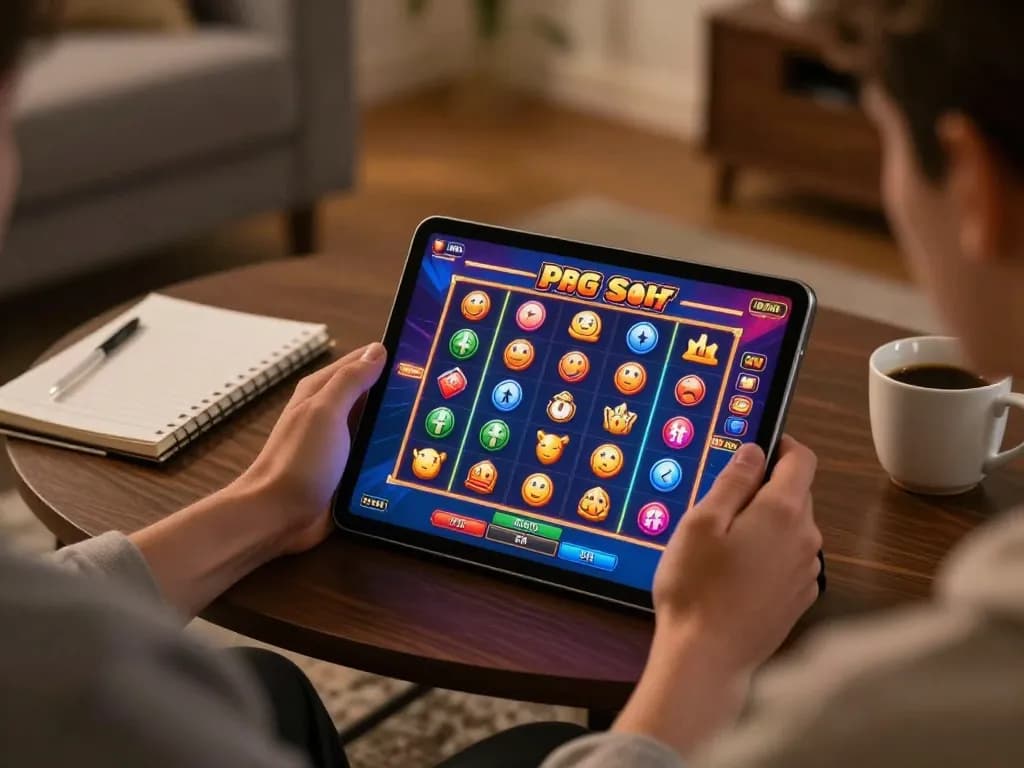 Pemain terlibat menikmati Demo Slot PG Soft Mirip Asli di tablet dalam suasana rumah yang nyaman.