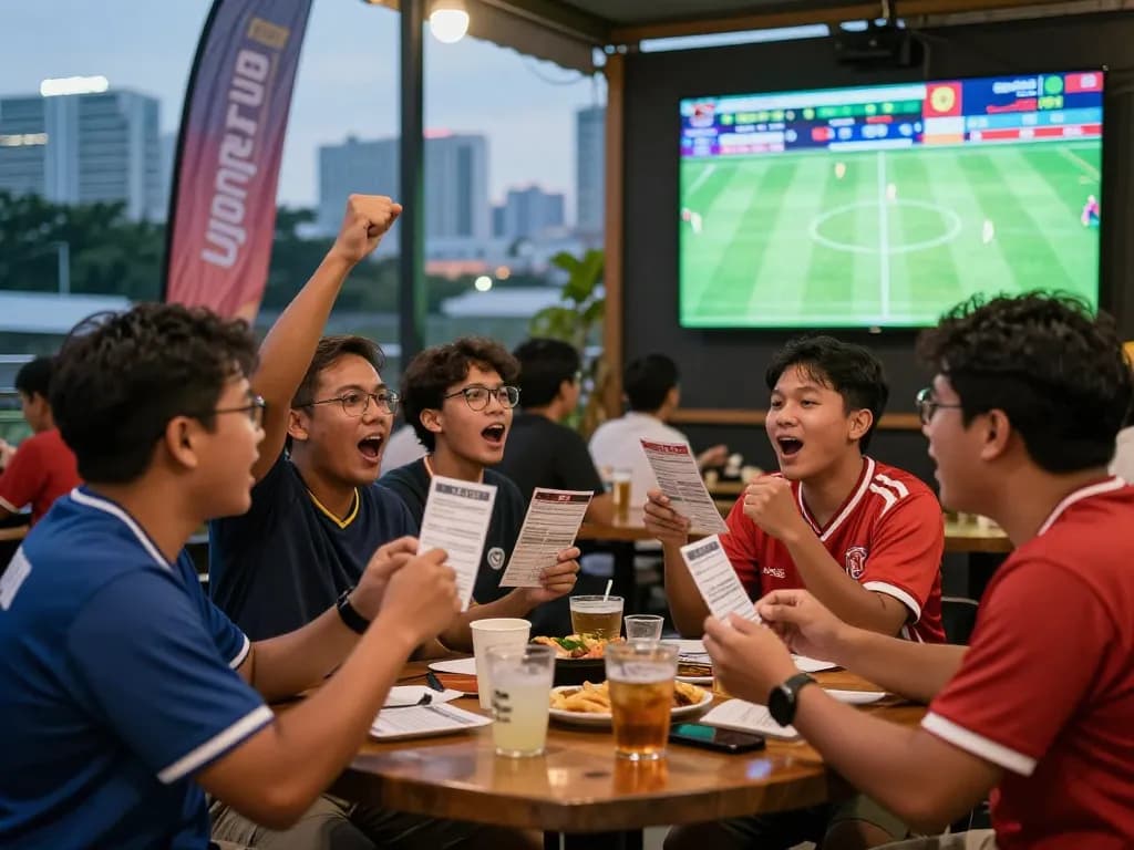 Excited fans engaging in Judi Bola betting at a vibrant sports bar.