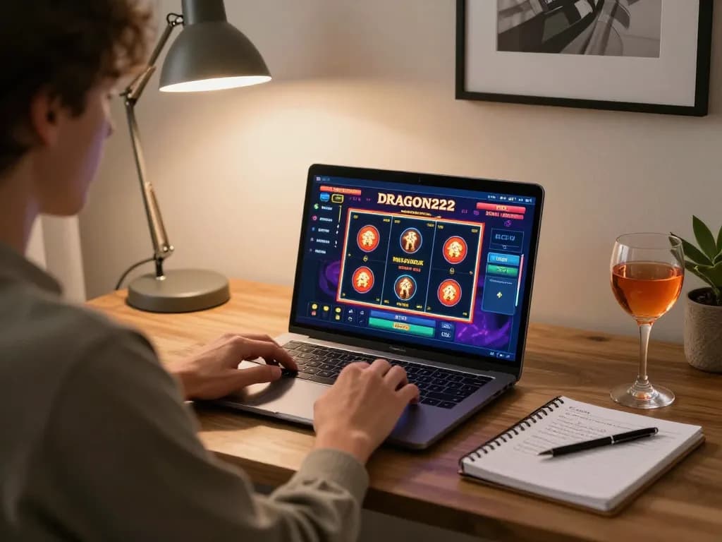 DRAGON222 user engaging with exciting online slot games at home, showcasing strategic gaming setup