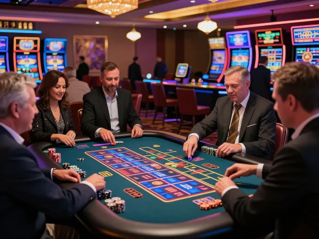 Engaged players at a vin 88 roulette table eagerly placing bets amidst vibrant casino lights.