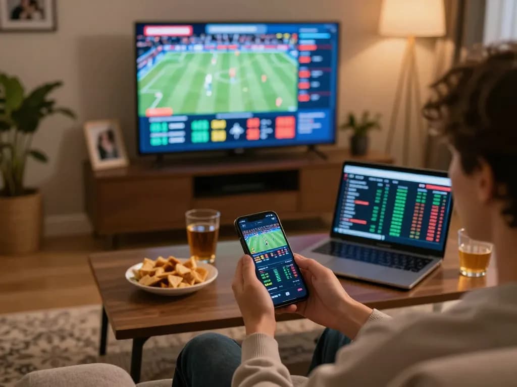 Navigating NK88 sports betting app while watching live events on TV, surrounded by snacks and a cozy atmosphere.