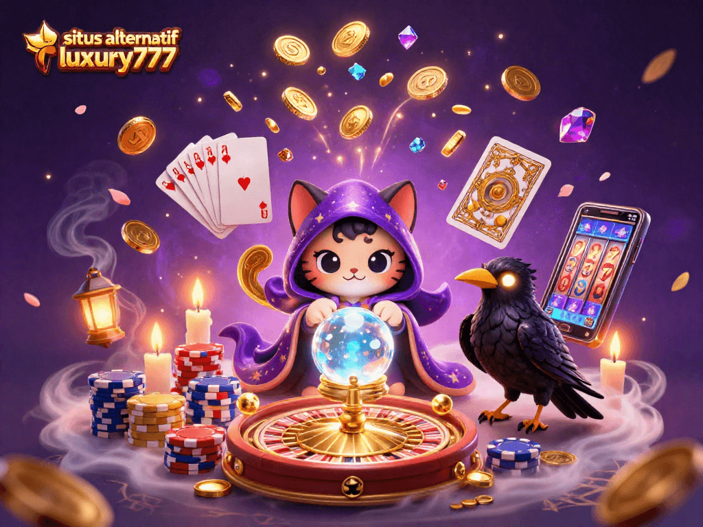 Gambarkan situs alternatif luxury777 dengan kucing mistis dan kartu tarot dalam suasana kasino yang magis.