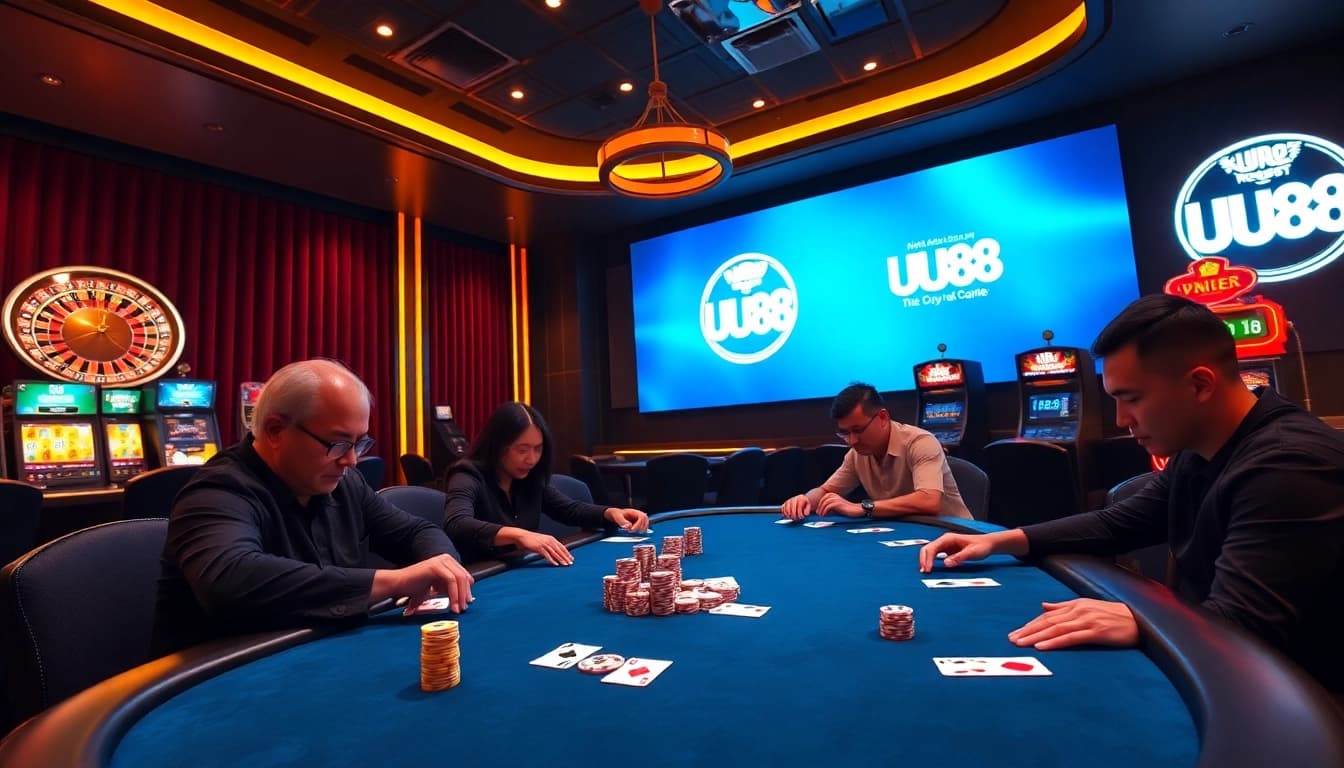 Players strategically betting at a UU88 poker table in a glamorous casino setting.