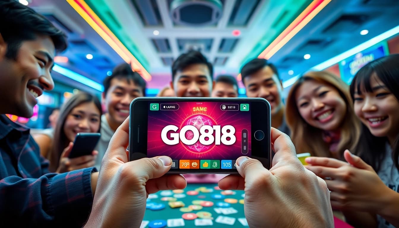 Tải GO88 app on smartphone in a vibrant gaming environment with happy players.