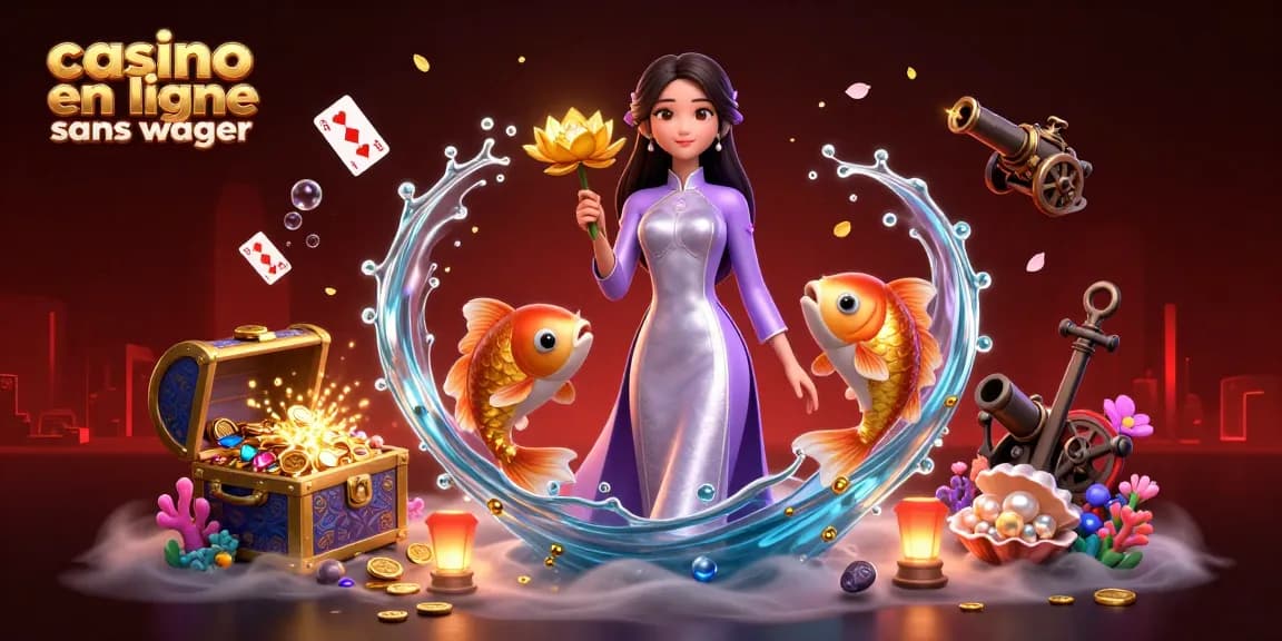 Engaging scene of casino en ligne sans wager with an elegant Asian woman and golden koi fish among gaming treasures.