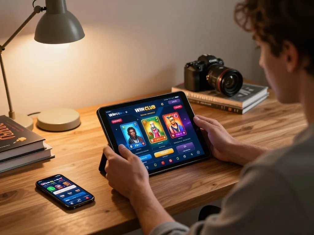 IWIN CLUB player enjoying online casino gaming with tablet, showcasing dynamic gameplay.