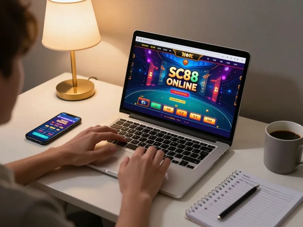 Player engaged with SC88 online casino on laptop with vibrant games and strategy notes