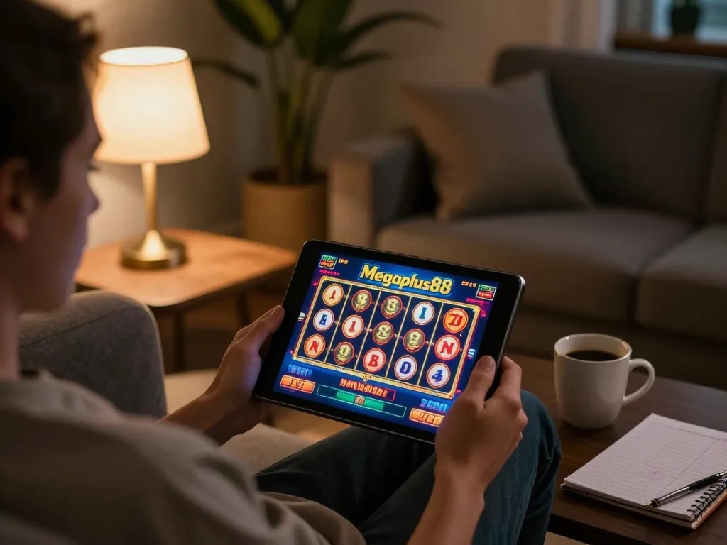 Player enjoying Megaplus88 while focusing on online gaming at home, highlighting a cozy atmosphere