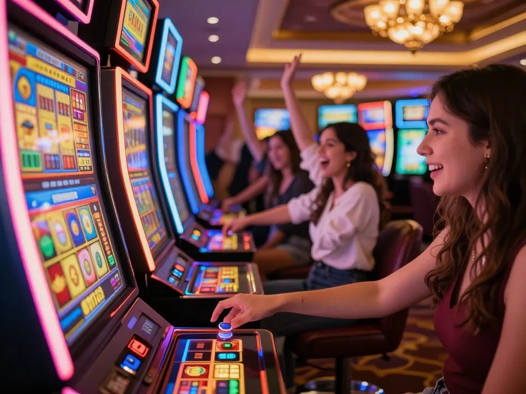 Rasakan kegembiraan di dewi123 dengan pemain yang terlibat di mesin slot berwarna-warni.