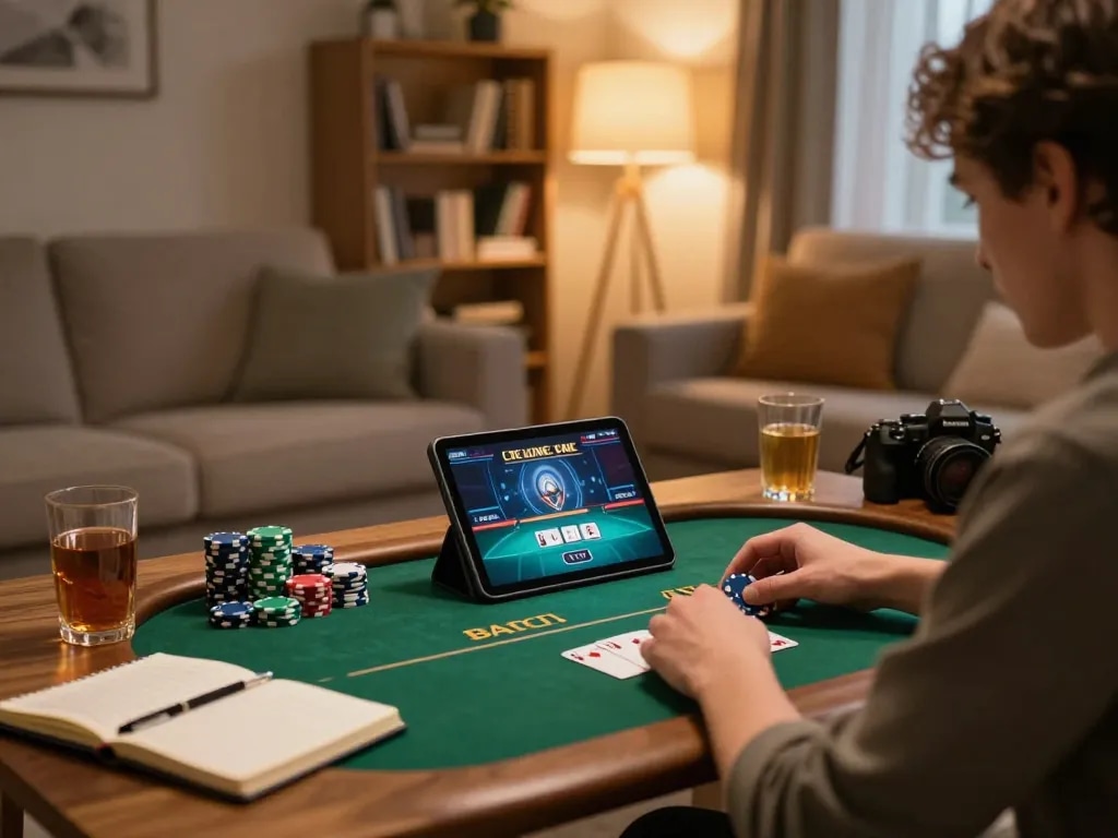 Player strategizing in-home gaming session with bk8 tablet interface and warm ambient lighting.