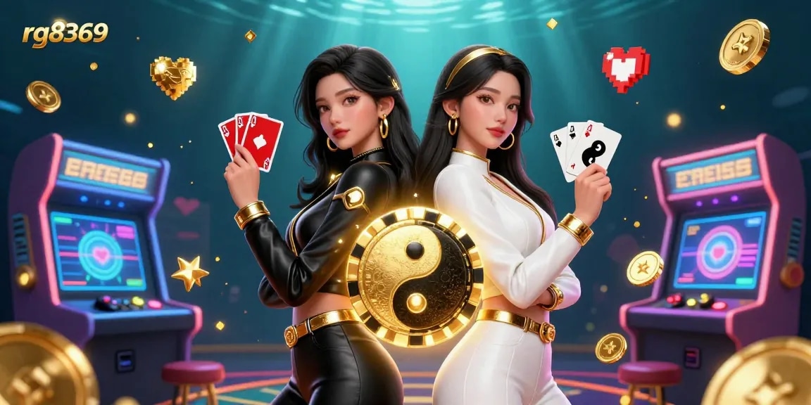Engage with thrilling card games at rg8369, featuring twin Asian women with playing cards in a vibrant casino setting.