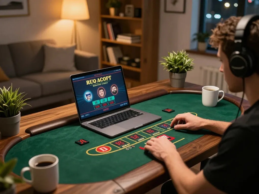 Player enjoying an exciting online baccarat game on 33win from a cozy home office