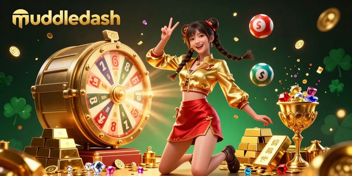 Muddledash casino illustration showcases a joyful Asian woman amidst vibrant gambling elements, promoting interactive fun.