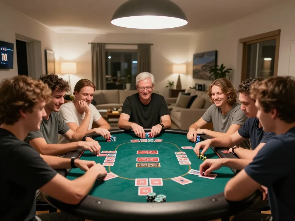 Players enjoying a game of poker at home with a focus on fun and strategy at okfun venue