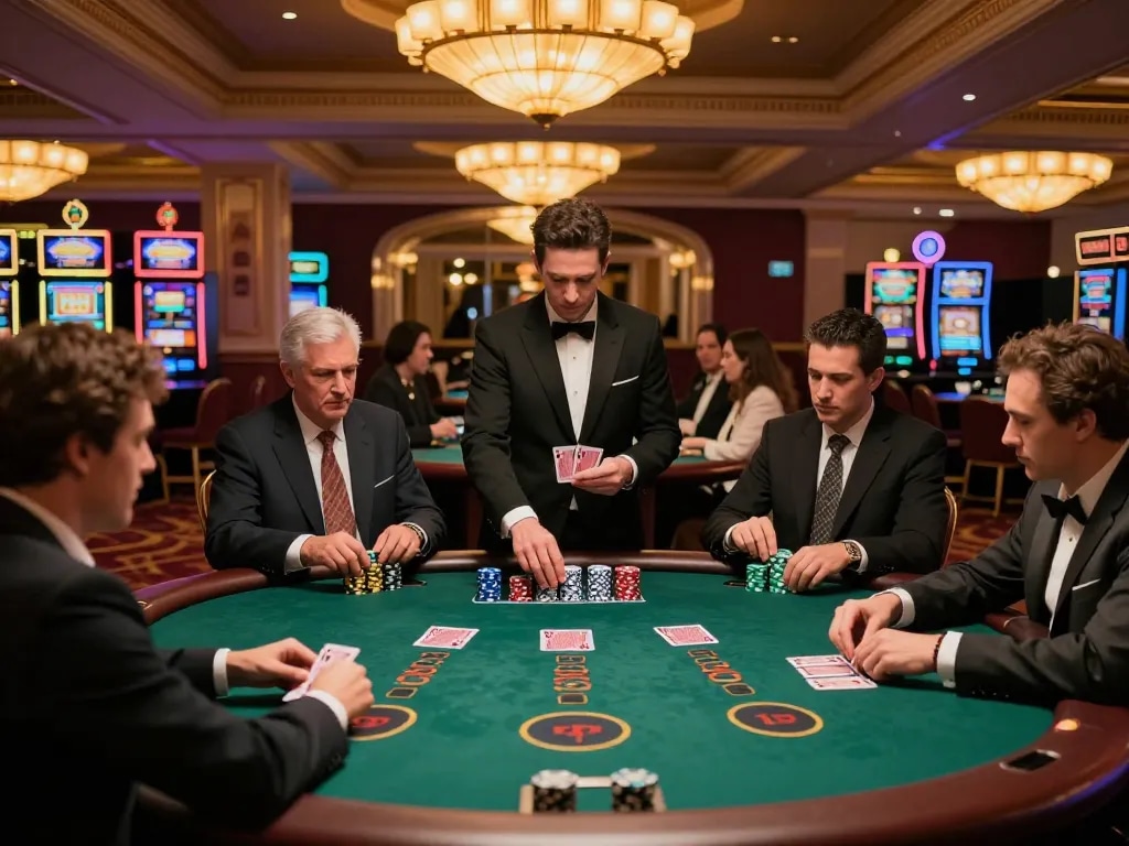Players engaging in a thrilling blackjack game at 388bet casino, showcasing strategic moves and lively ambiance