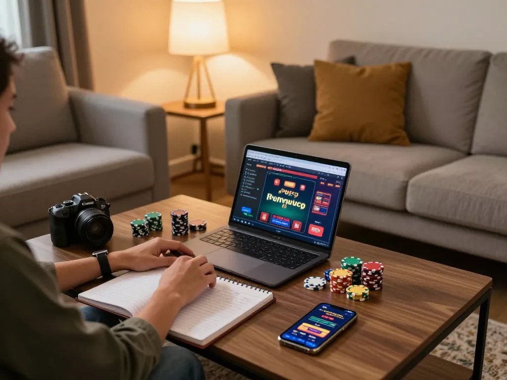 Player enjoying online poker on a laptop, showcasing rik 88 gaming strategy and a cozy atmosphere.