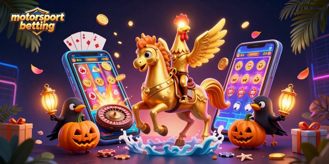 Experience thrilling motorsport betting with a golden rooster and lively casino scene.