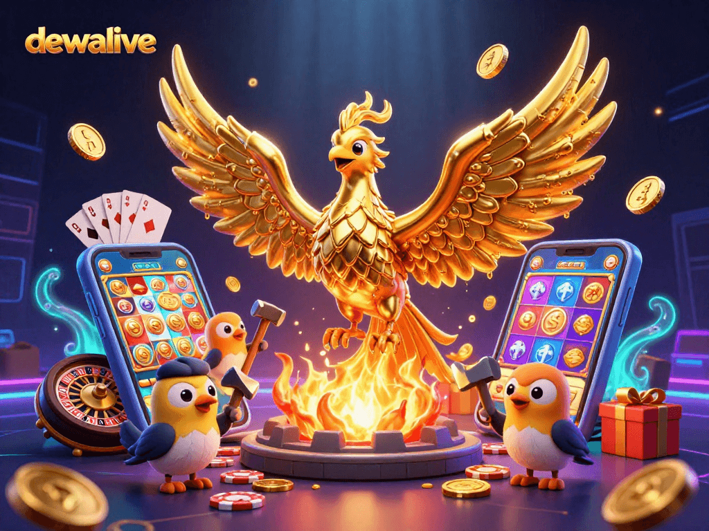 Dewalive menghadirkan phoenix emas yang mengukir koin sambil berinteraksi dengan elemen kasino.
