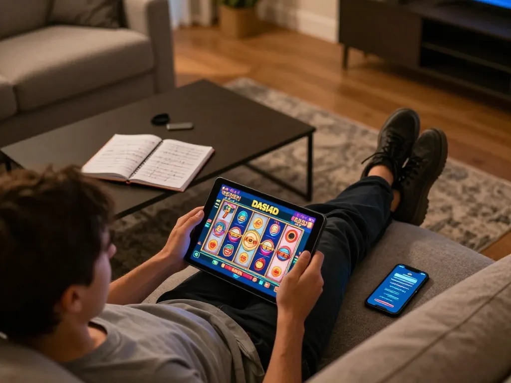 Pemain DASI4D menikmati kemenangan slot online di tablet dalam suasana rumah yang nyaman