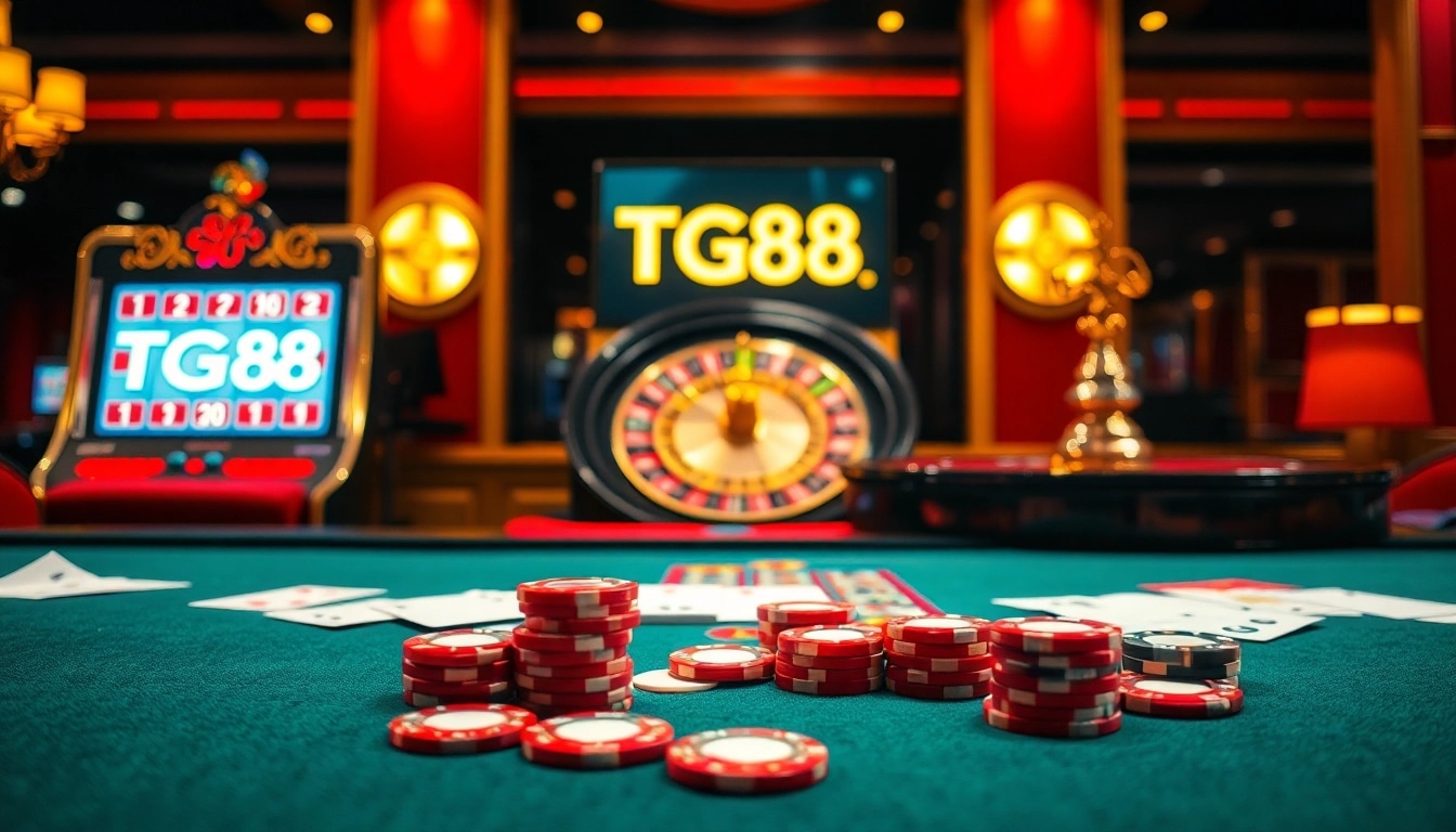 Engaging casino scene showcasing TG88 amidst chips and cards in a vibrant atmosphere.