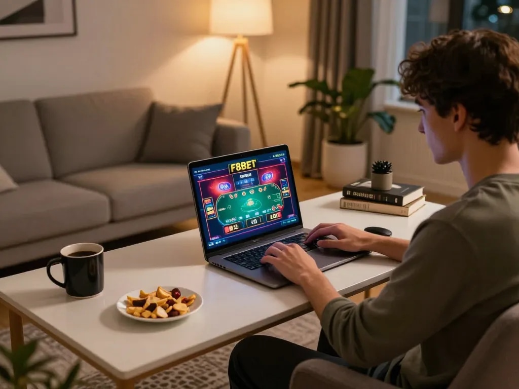 Experience F8BET online poker gameplay from a cozy home setup with dynamic atmosphere.