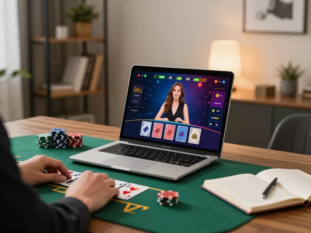 Bermain blackjack di laptop di rumah, menampilkan strategi permainan dan suasana GOLDWIN88