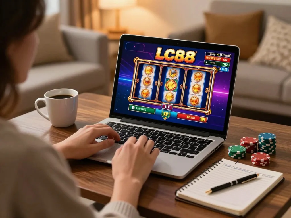 Engaging in online casino gaming at home with LC88 on a laptop and strategy notes.