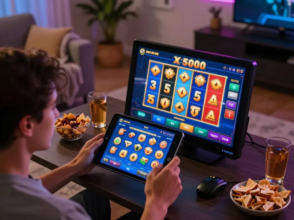 Engaging online Slot x500 gameplay with vibrant reels spinning on tablet screen, showcasing a player's focused interaction.