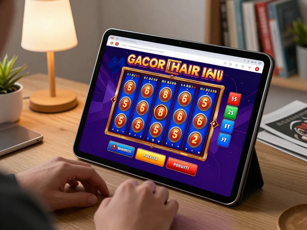 Engaging in slot gacor hari ini gameplay on a tablet in a cozy home setting.