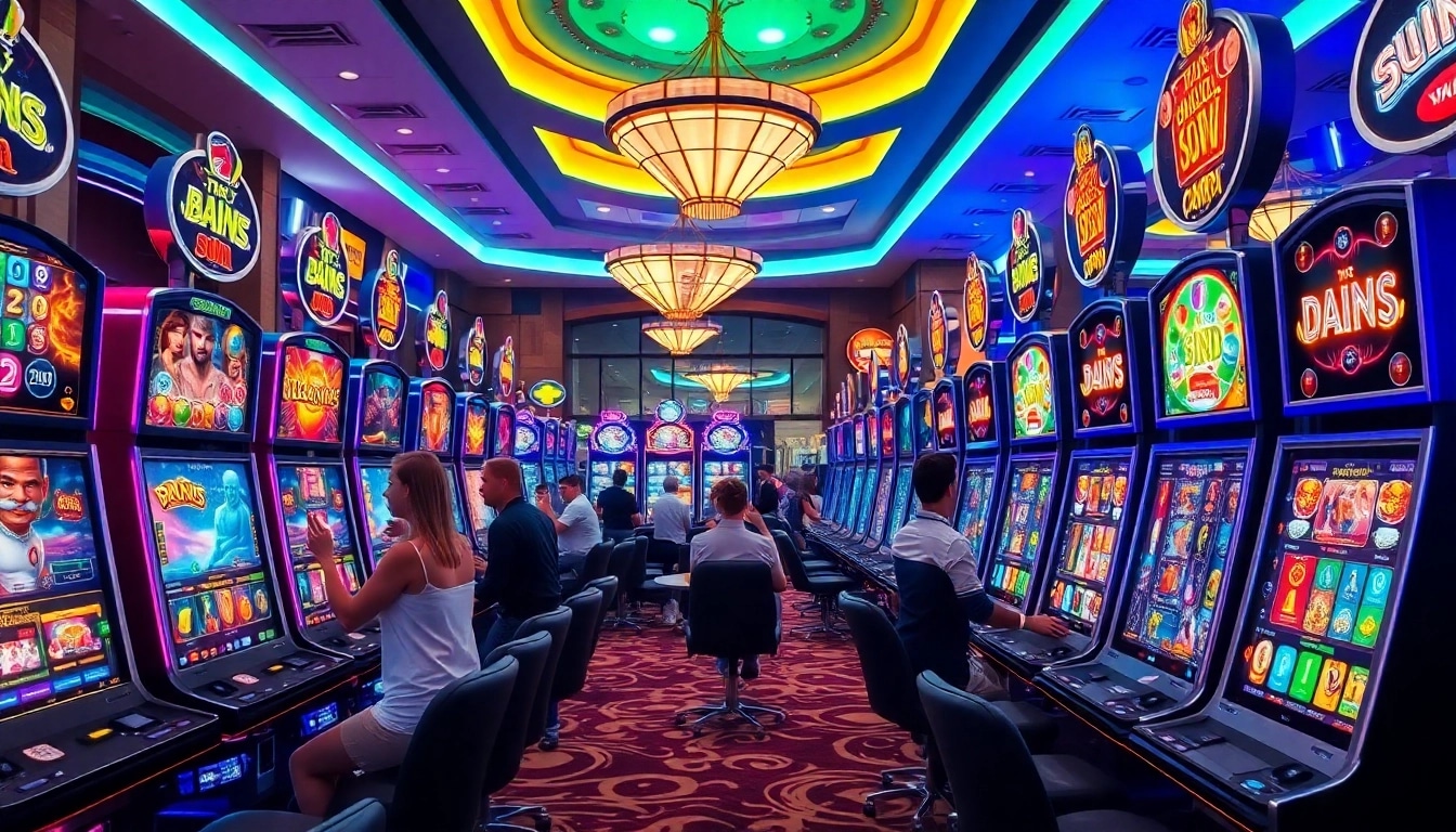 Excited players enjoying slot online machines in a vibrant casino atmosphere.
