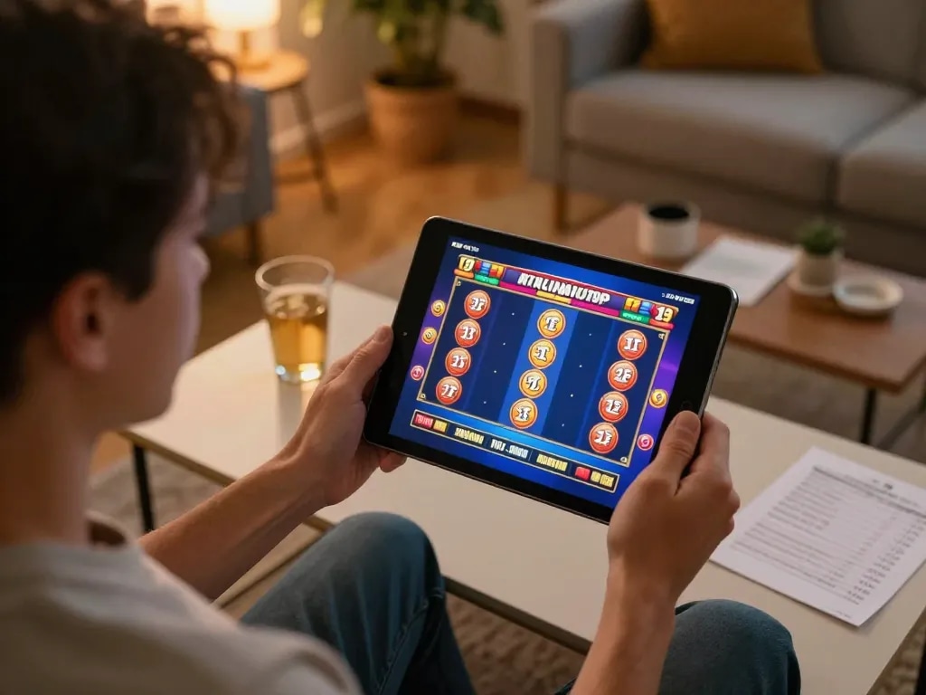 NAGA2000 player enjoying thrilling slot game on tablet at home with vibrant graphics.