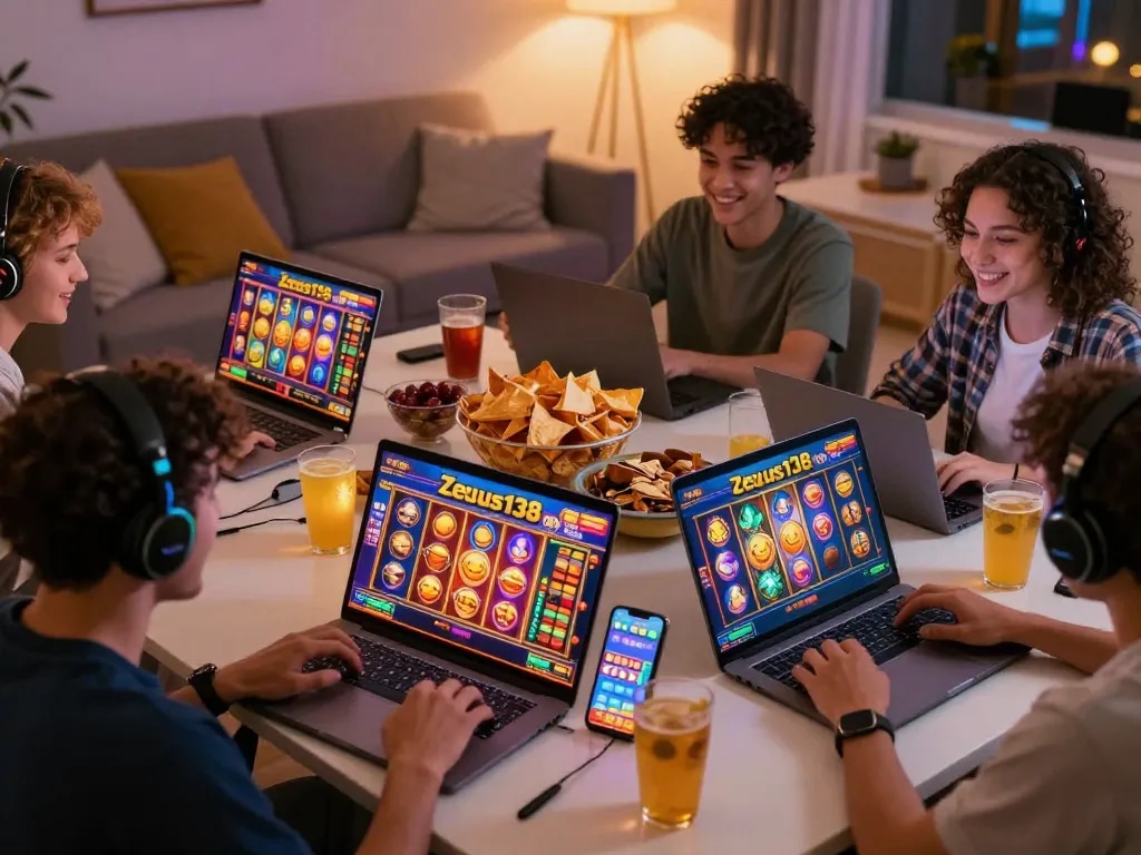Engaged players enjoying Zeus138 online slot games on various devices in a cozy living room setting.