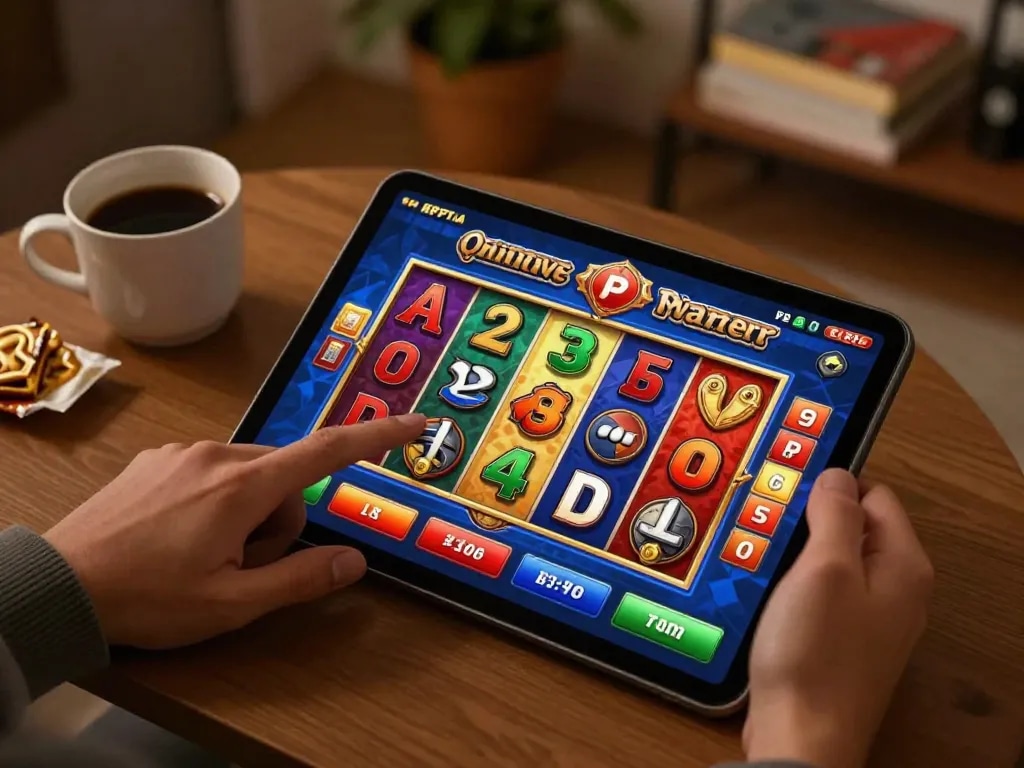 Berinteraksi dengan slot online aman788 di tablet dalam lingkungan rumah yang nyaman, menekankan strategi dan kesenangan