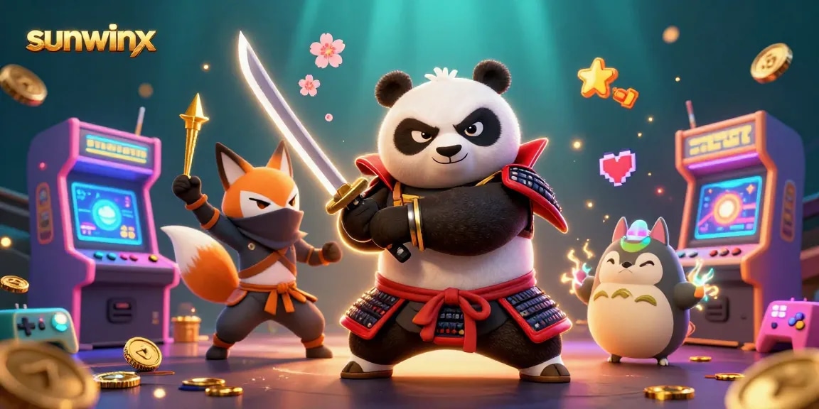 Experience thrilling gameplay with sunwinx featuring samurai panda, ninja fox, and tanuki in 3D art.