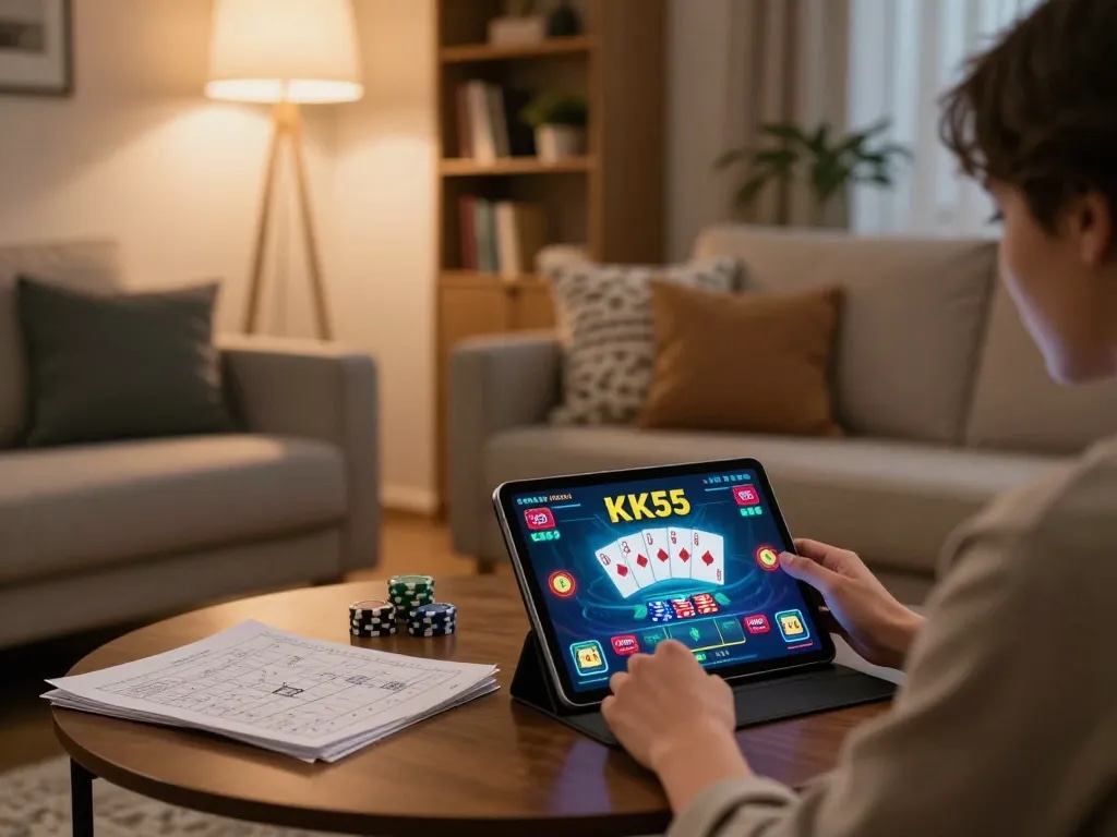 Engaging in KK55 online casino gaming session at home with vibrant game interface