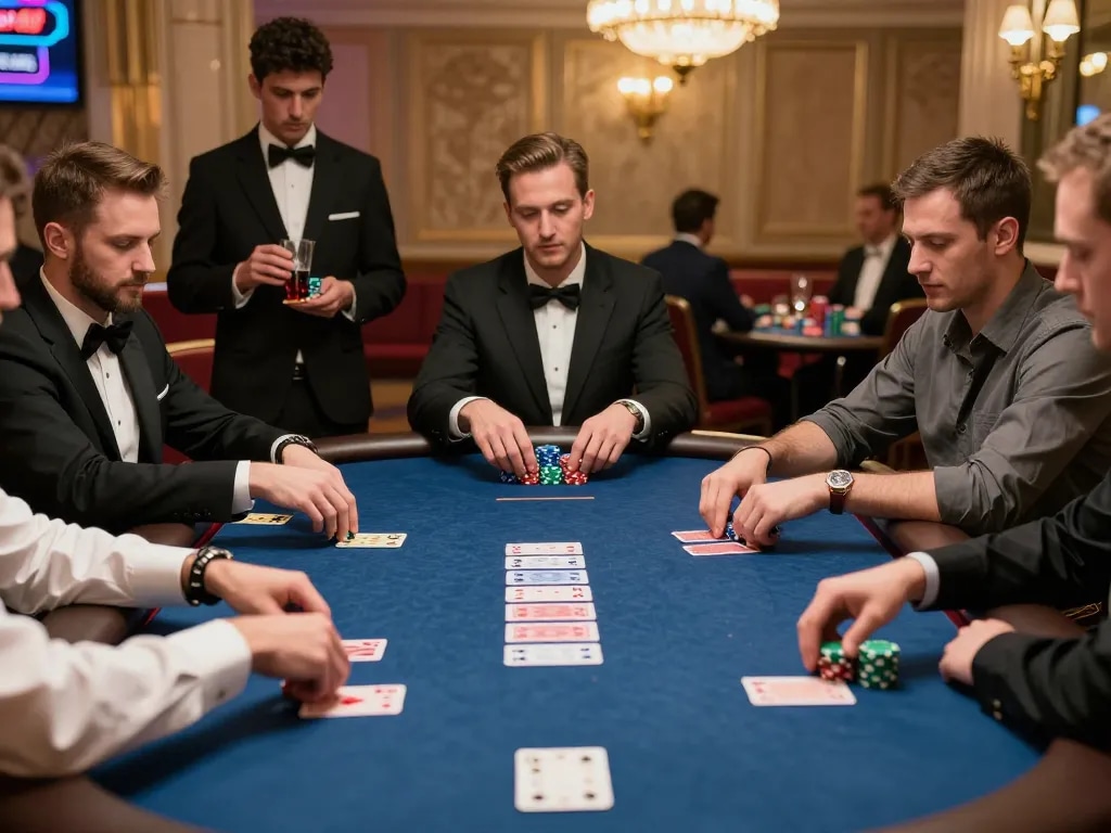 Engaged players at a dinamit4d poker table strategizing their next move amidst a luxurious casino setting
